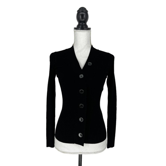 Sandro Black Ribbed Button Front Gabrielle Knit Cardigan - Picture 3 of 12